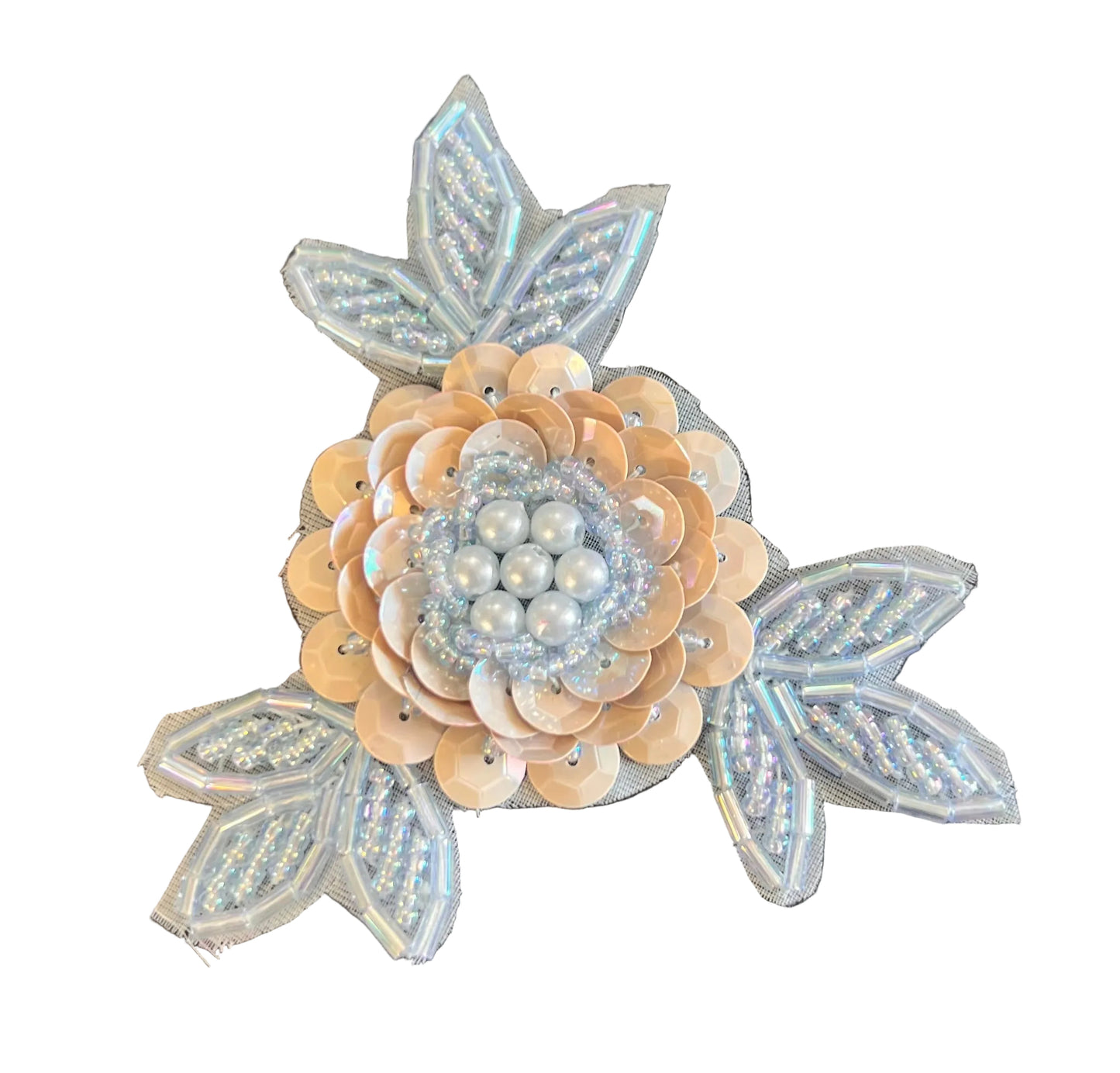 Aplicación de Flores con Lentejuelas Grises y Azul Claro, Cuentas y Perlas de Imitación 3"