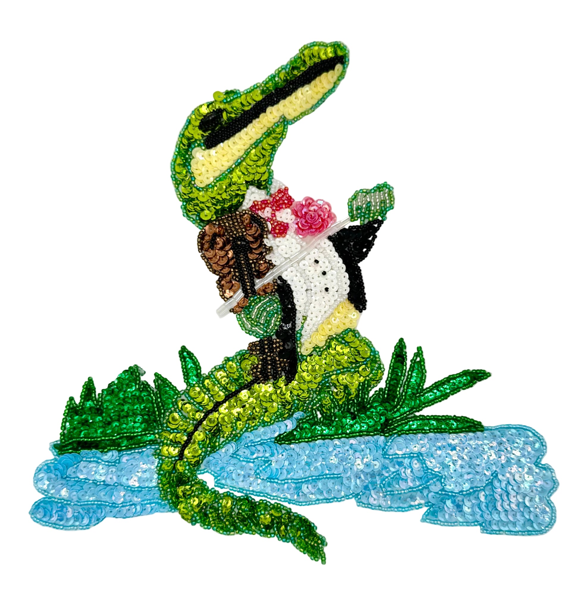 Decorative patch with a Alligator, violin, and flowers on a white background