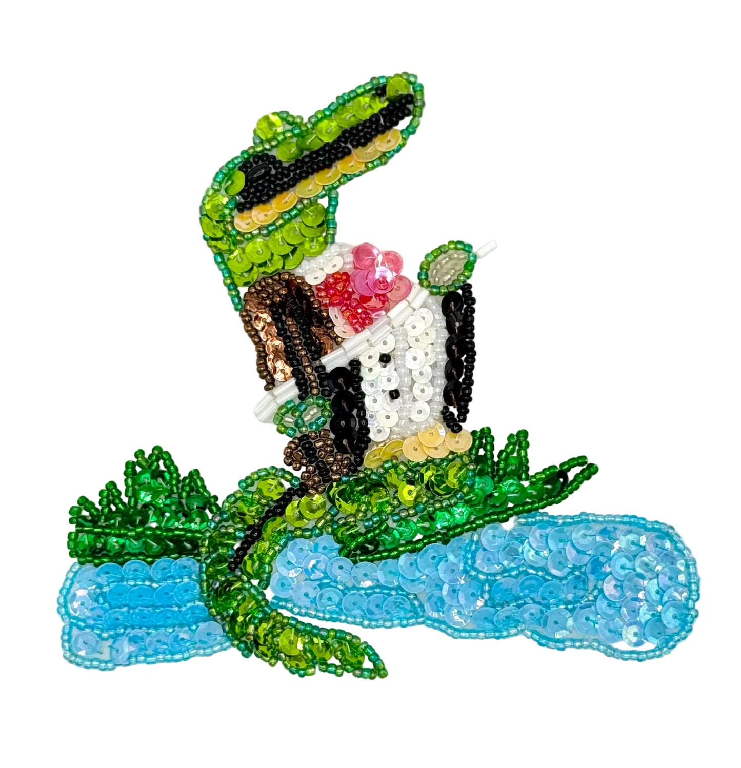 Decorative patch with an alligator playing a violin surrounded by greenery and water, on a white background.