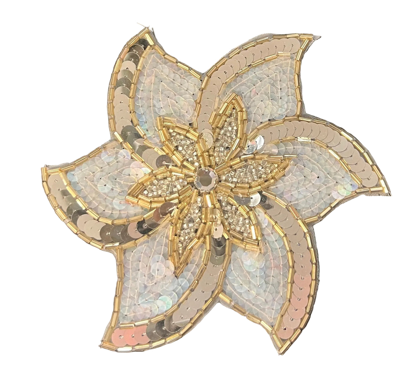 Designer Motif Pinwheel Shape with Iridescent White and Silver Sequins, Gold and Silver Beads and a Rhinestone Center 4.5" x 4.5"