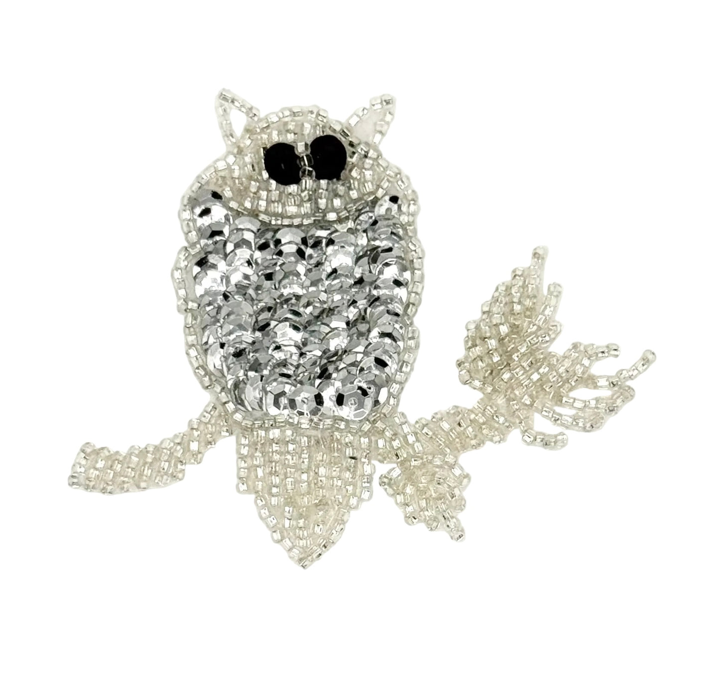 Owl on a Branch with Silver and Black Sequins - Silver and Black Glass Beads 3.25" x 2.75"