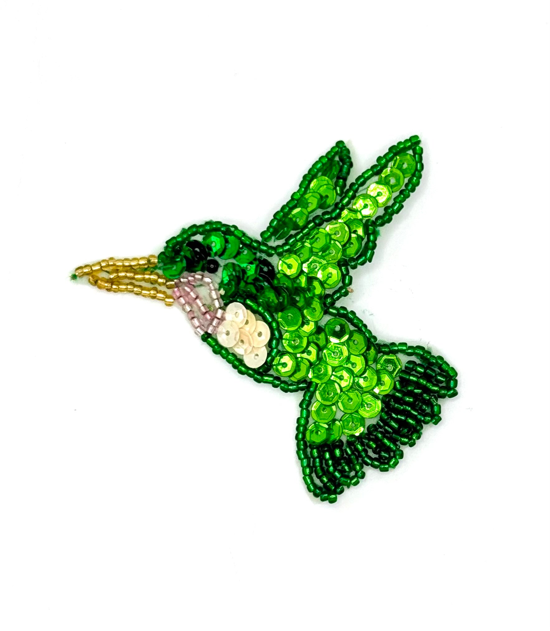 Green beaded hummingbird on a white background