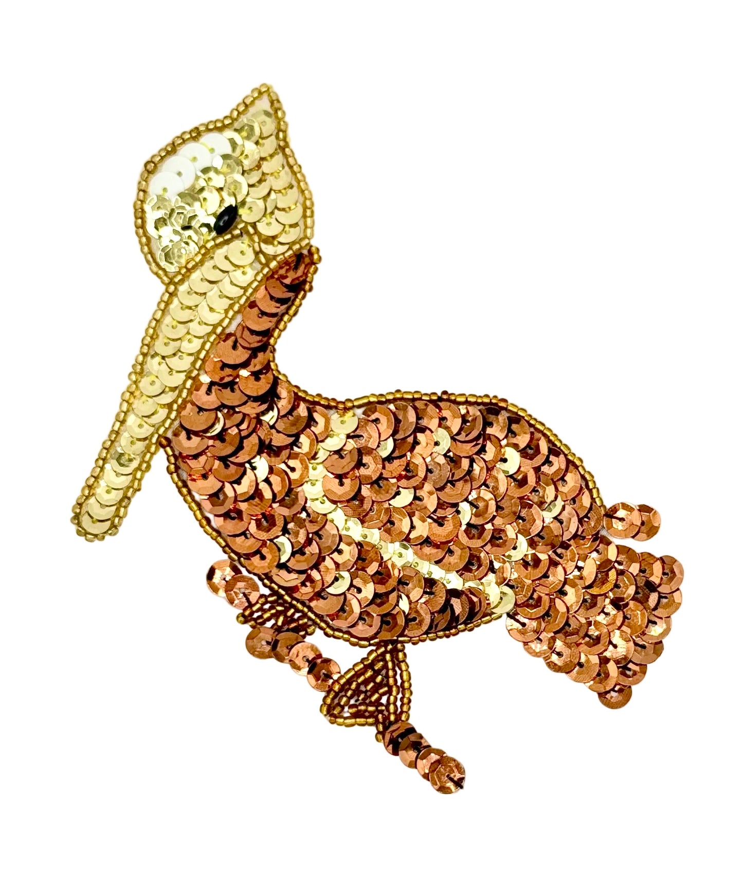 Pelican with Gold, Cream and Bronze Sequins - Bronze and Gold Beads 5" x 4.5”