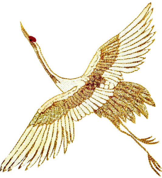 Crane Bird with Gold and White Sequins and Beads 20"x 16"