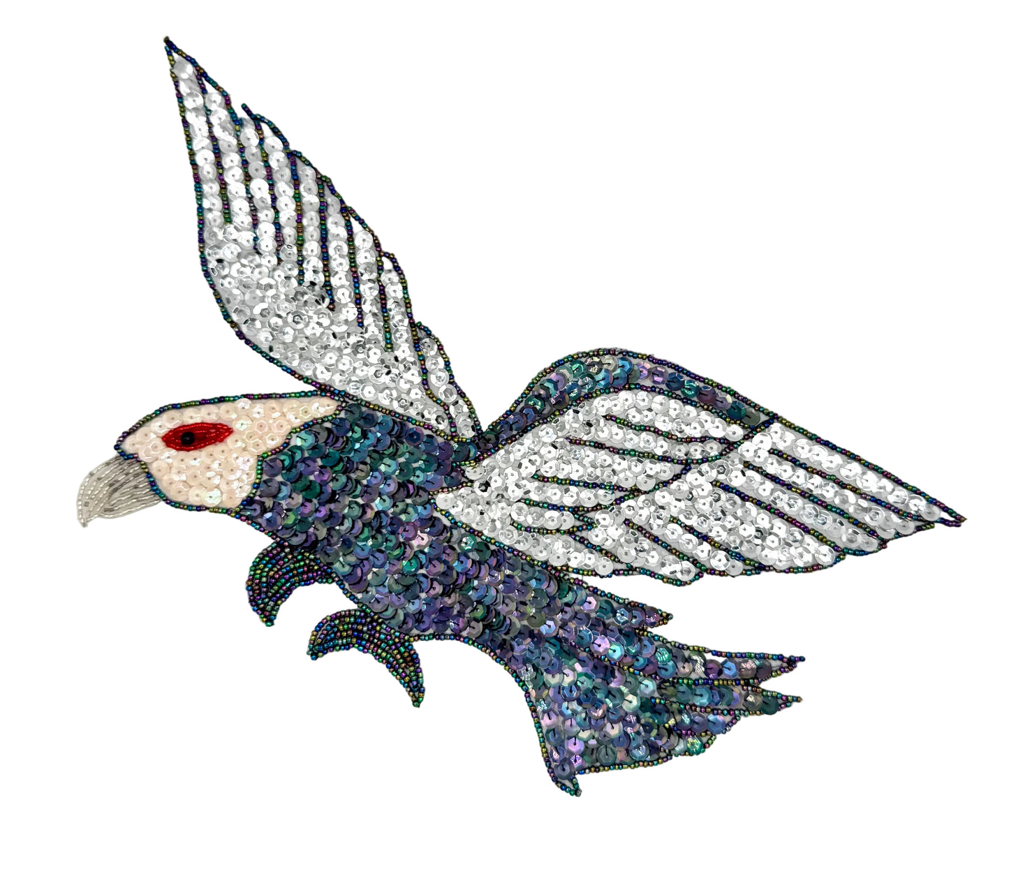 Decorative eagle design with sequins on a white background