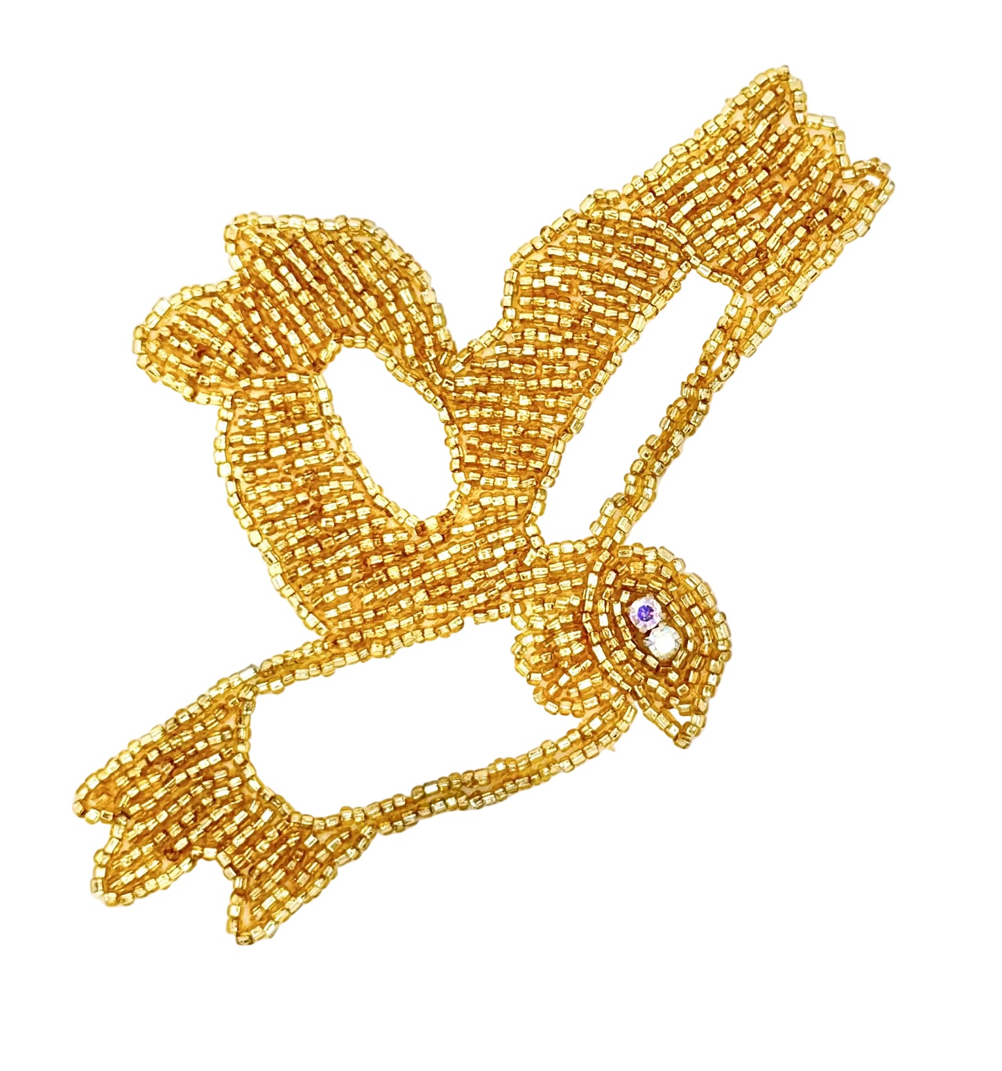 Gold beaded dove-shaped patch on a white background