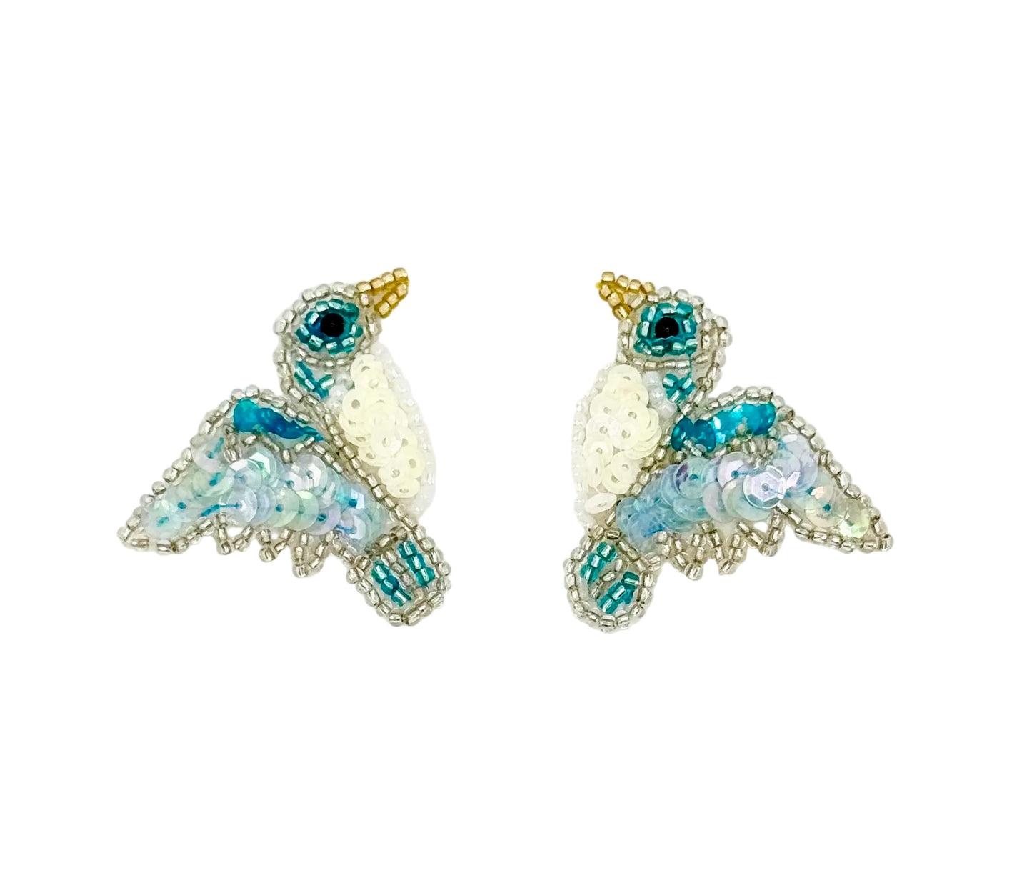 Par de colibríes con lentejuelas y cuentas turquesas, blancas y azules de 5 x 3,8 cm