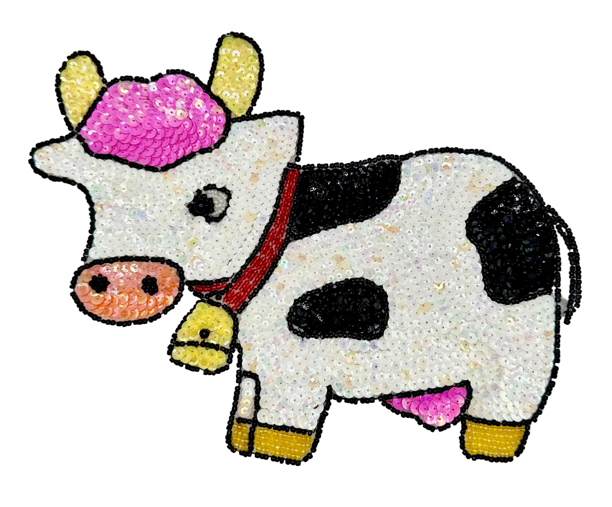 Colorful cartoon cow with a pink hat on a white background