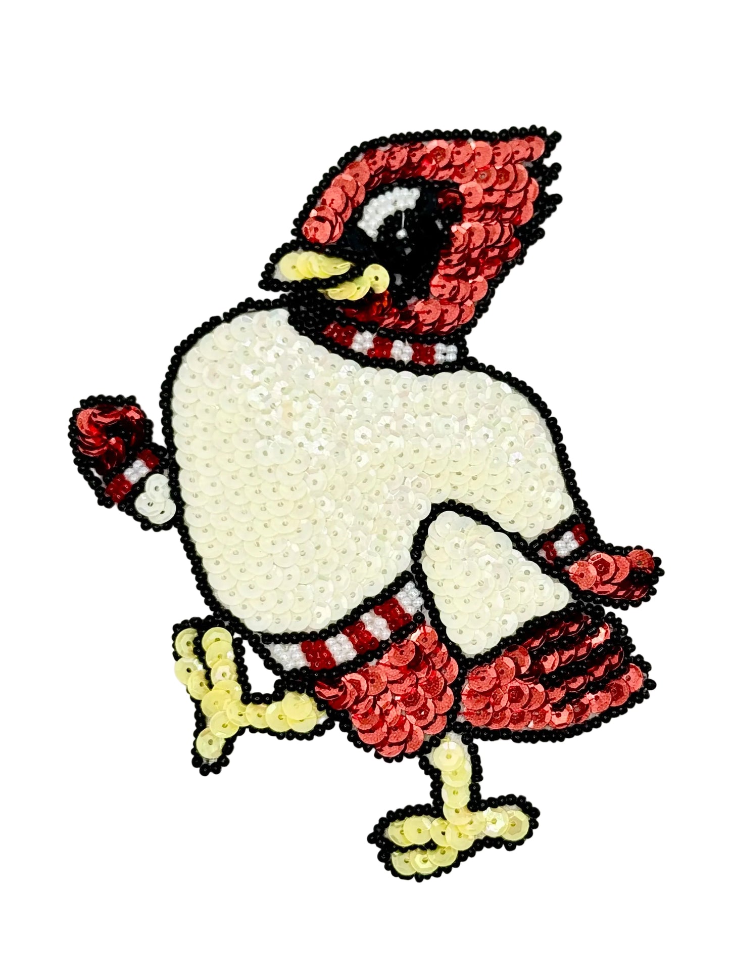 Cartoon cardinal bird with a red hat and scarf on a white background