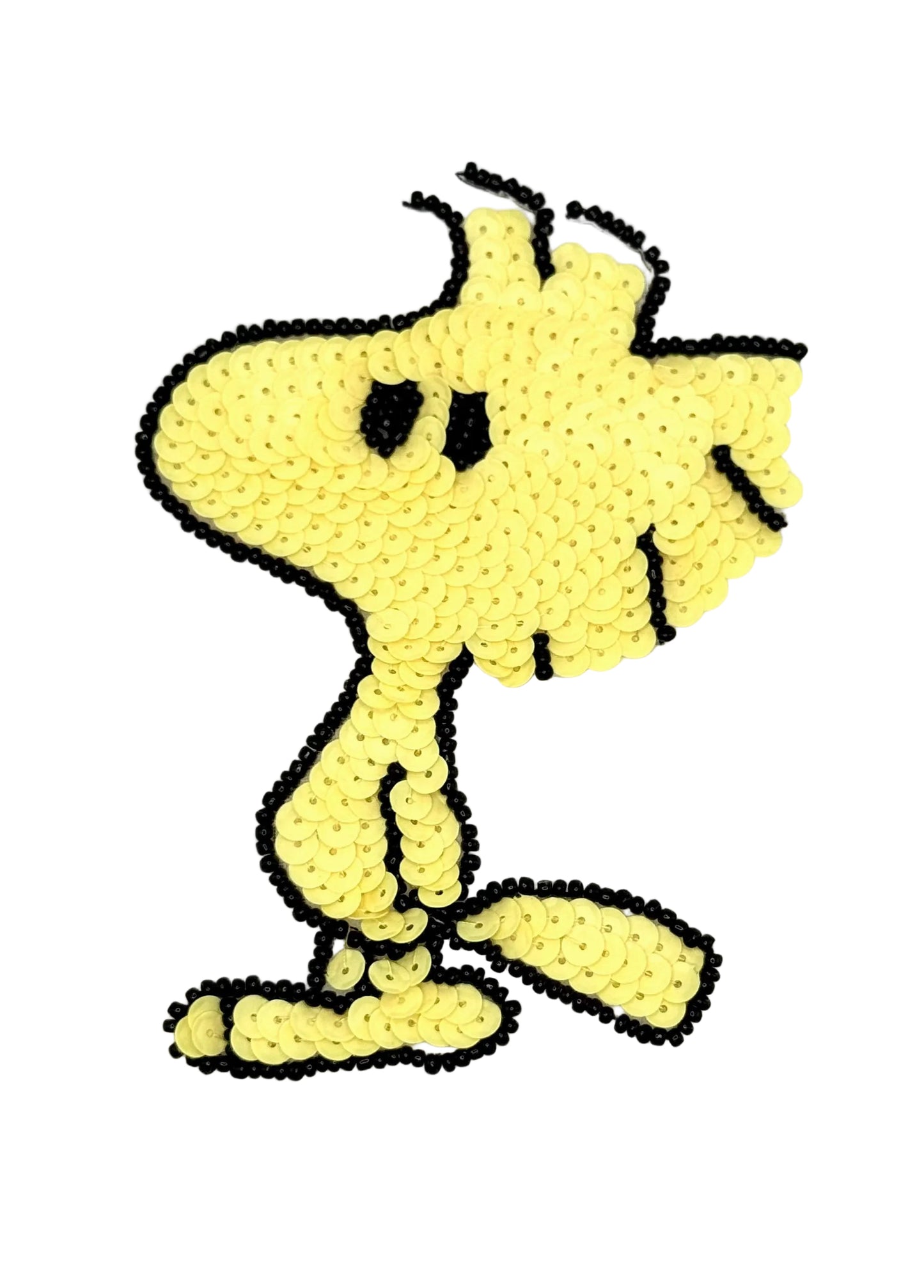 Yellow bird character with black details on a white background