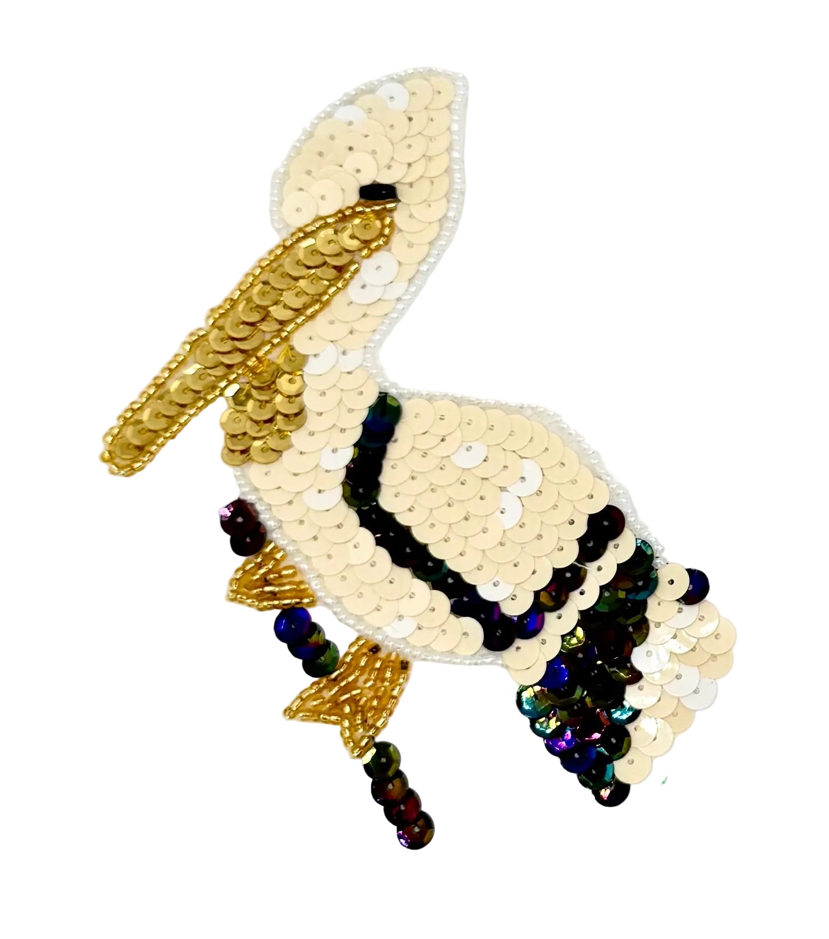 Sequined pelican design on a white background