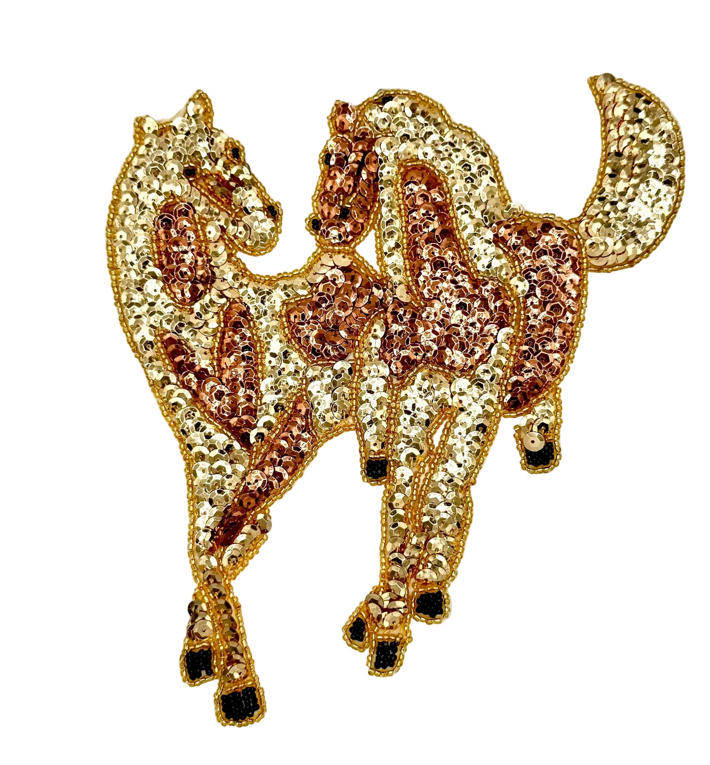 Gold and Bronze Sequin horses running on a white background