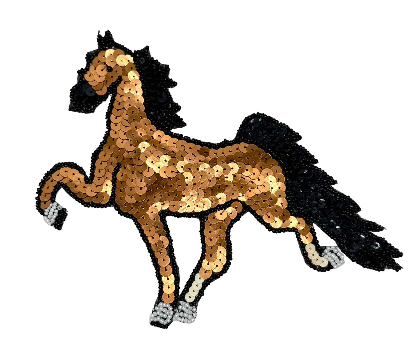 Sequined horse design on a white background