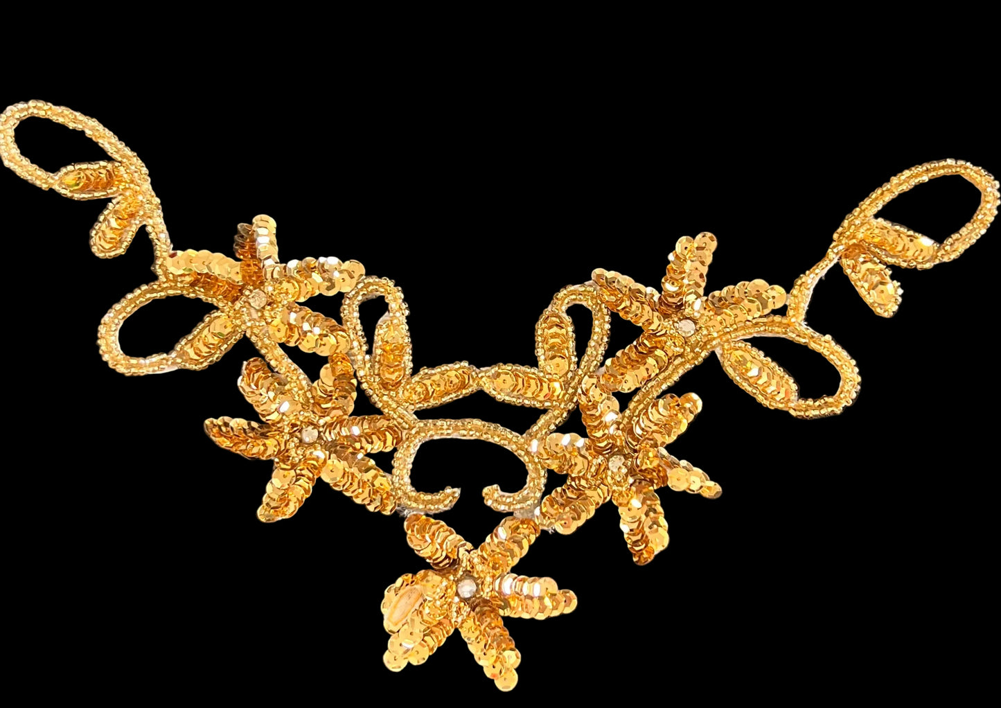 Flower Neck Line with Gold sequins and Beads and Rhinestones 5" x 10"