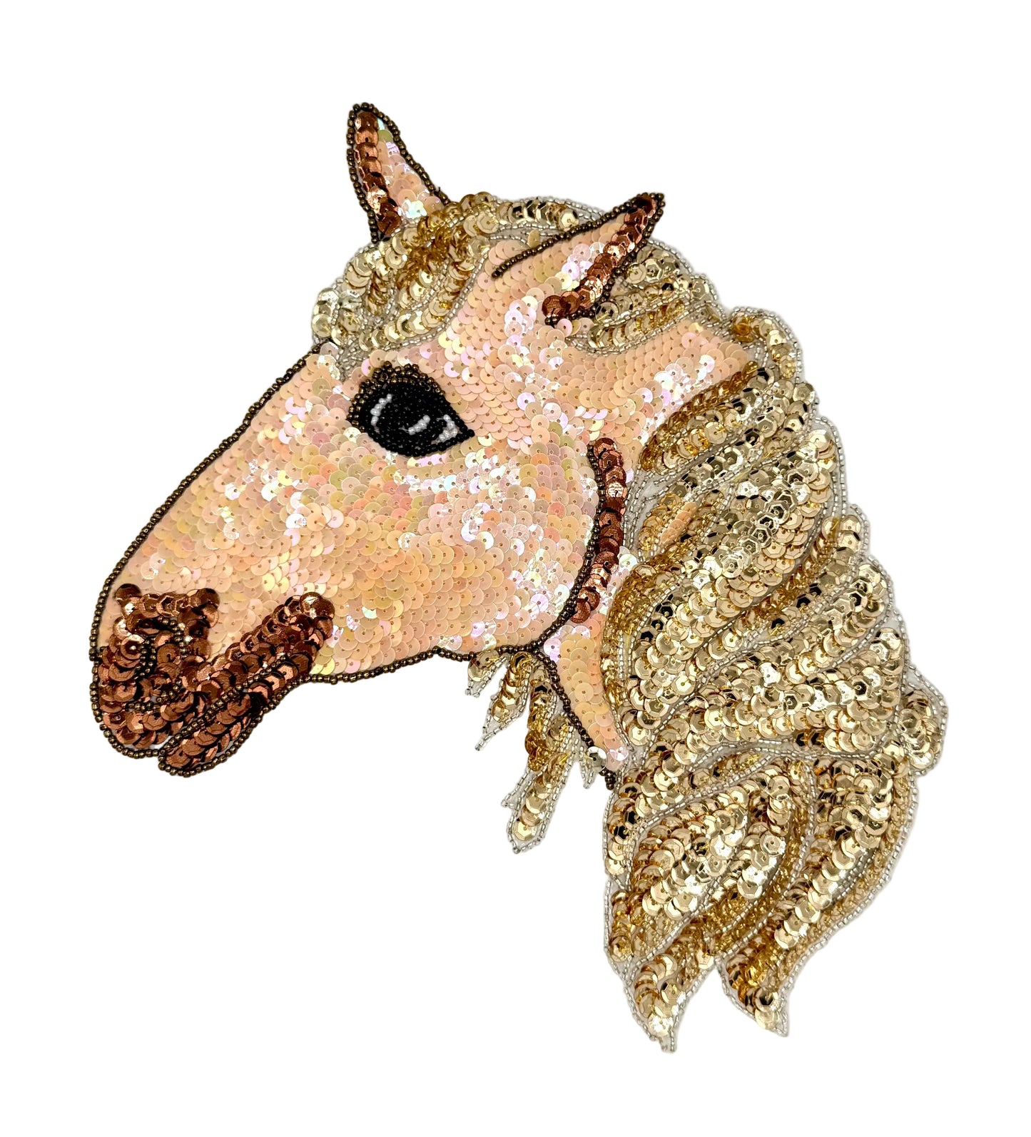 Sequined horse head design on a white background