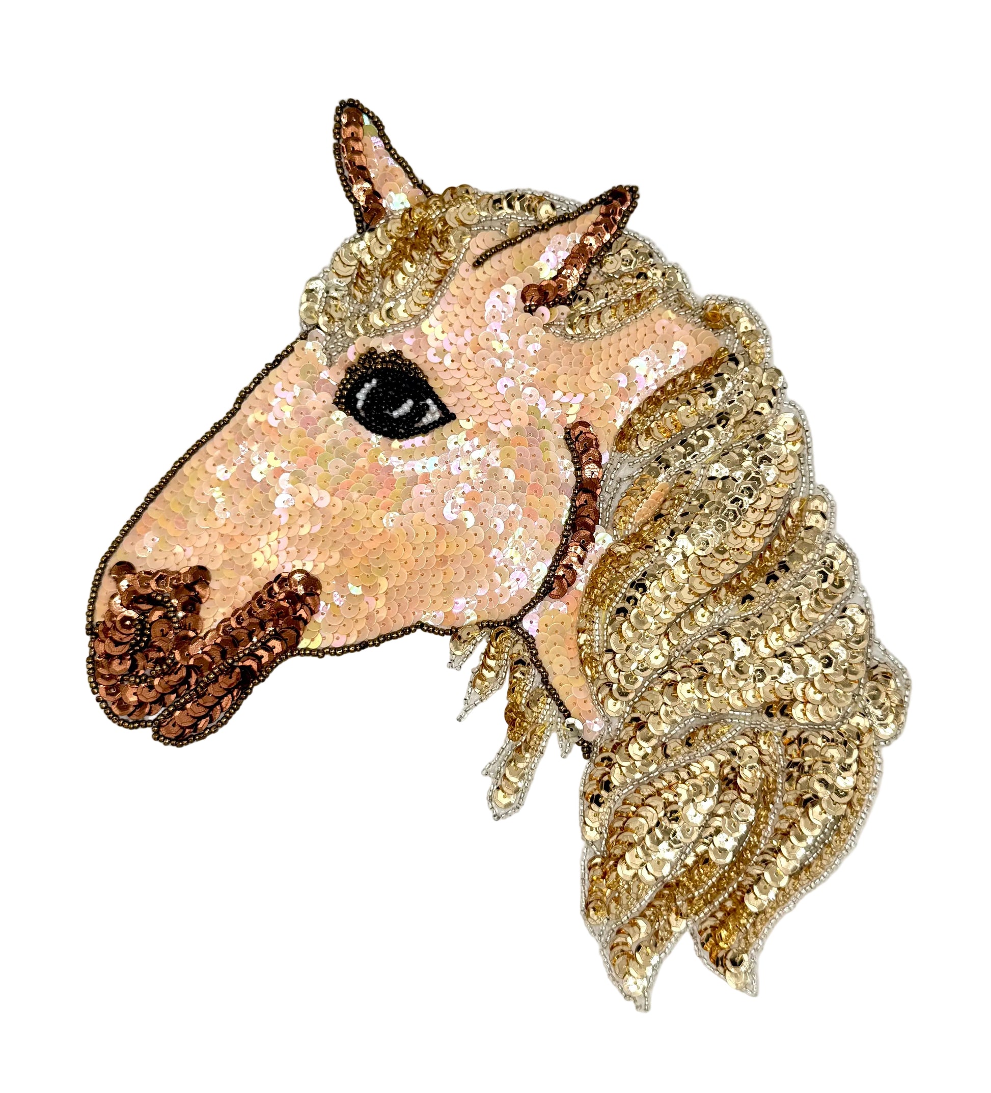 Sequined horse head design on a white background