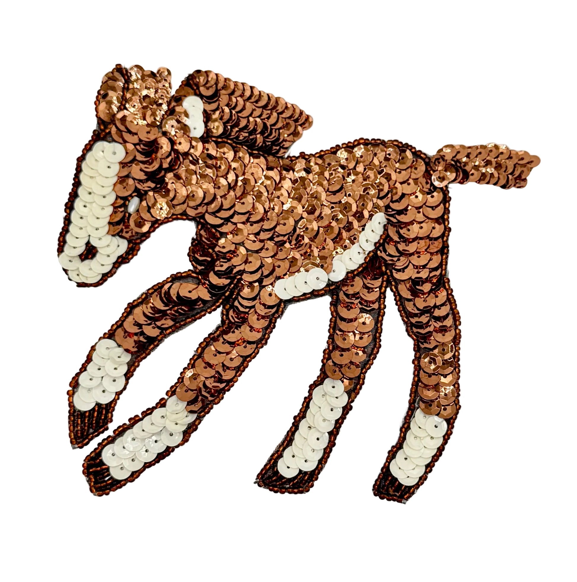 Sequined horse design on a plain background