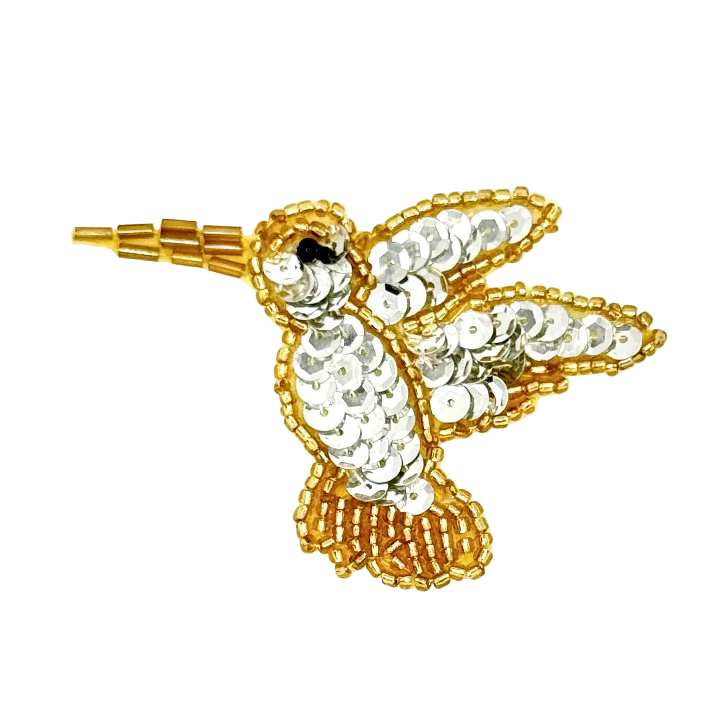 Decorative hummingbird-shaped object with gold and silver details on a white background
