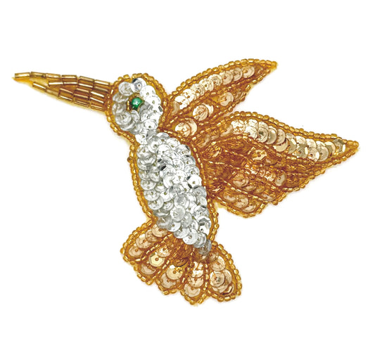 Vintage Hummingbird with Silver and Gold Sequins and Gold and Green Beads - 2 Sizes