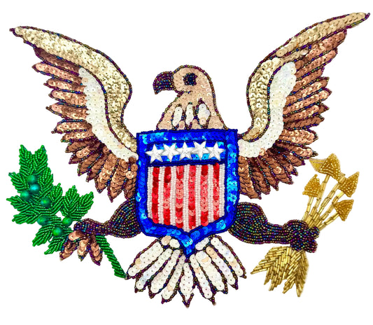 Decorative sequin eagle with American flag design on a white background