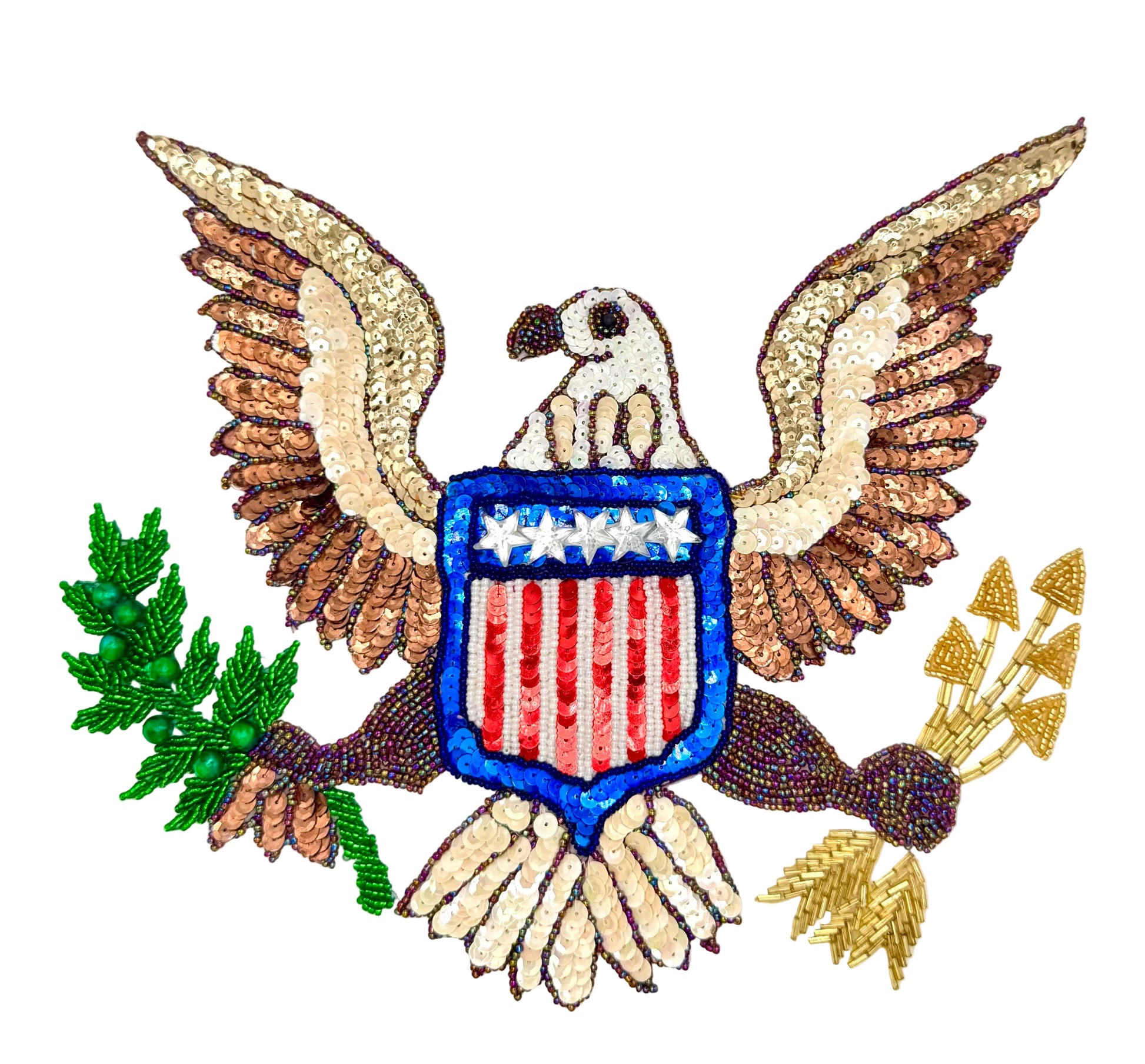 Decorative sequin patch of an eagle with a shield, olive branch, and arrows on a white background