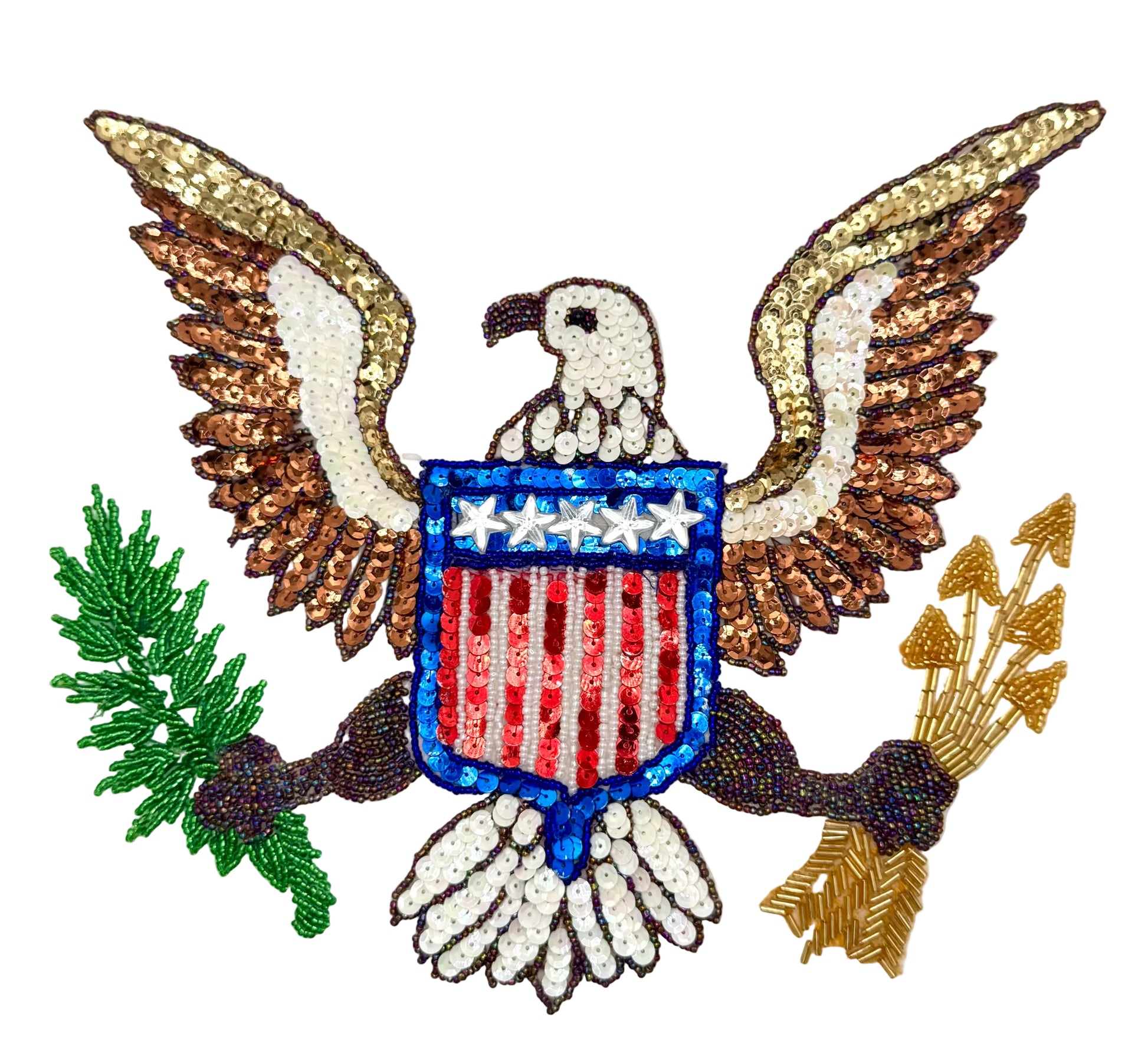 Decorative sequin patch of an eagle with a shield, arrows, and an olive branch on a white background