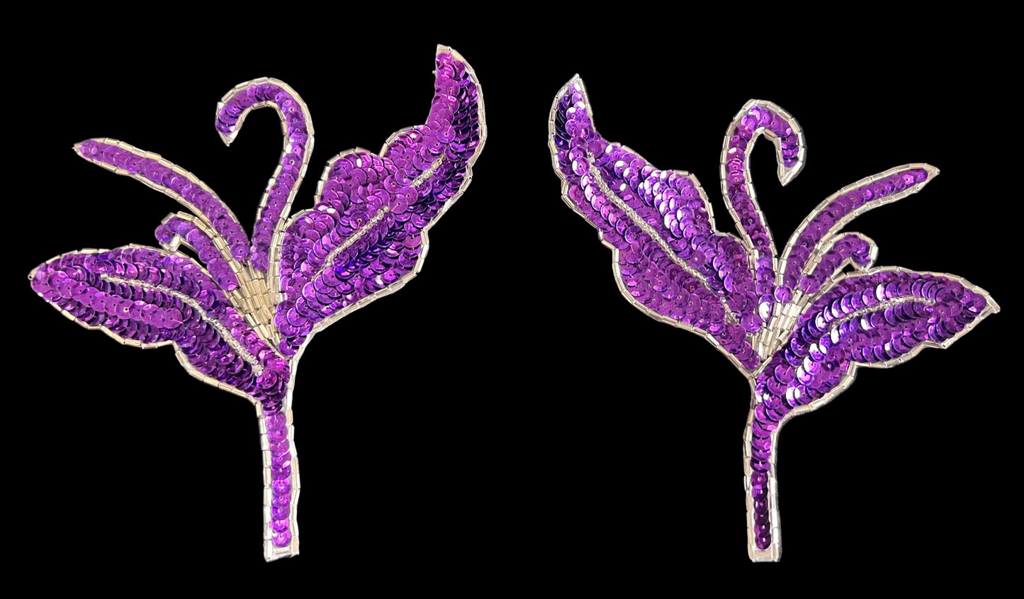 Par de Flores - Lentejuelas Moradas - Cuentas Plateadas 17.78 cm x 15.24 cm