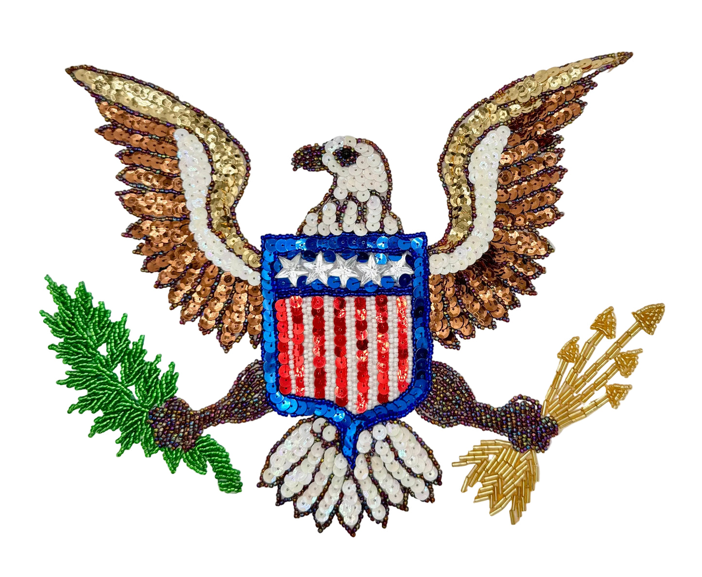 Embroidered sequin patch of an American bald eagle with a shield, arrows, and an olive branch on a white background.