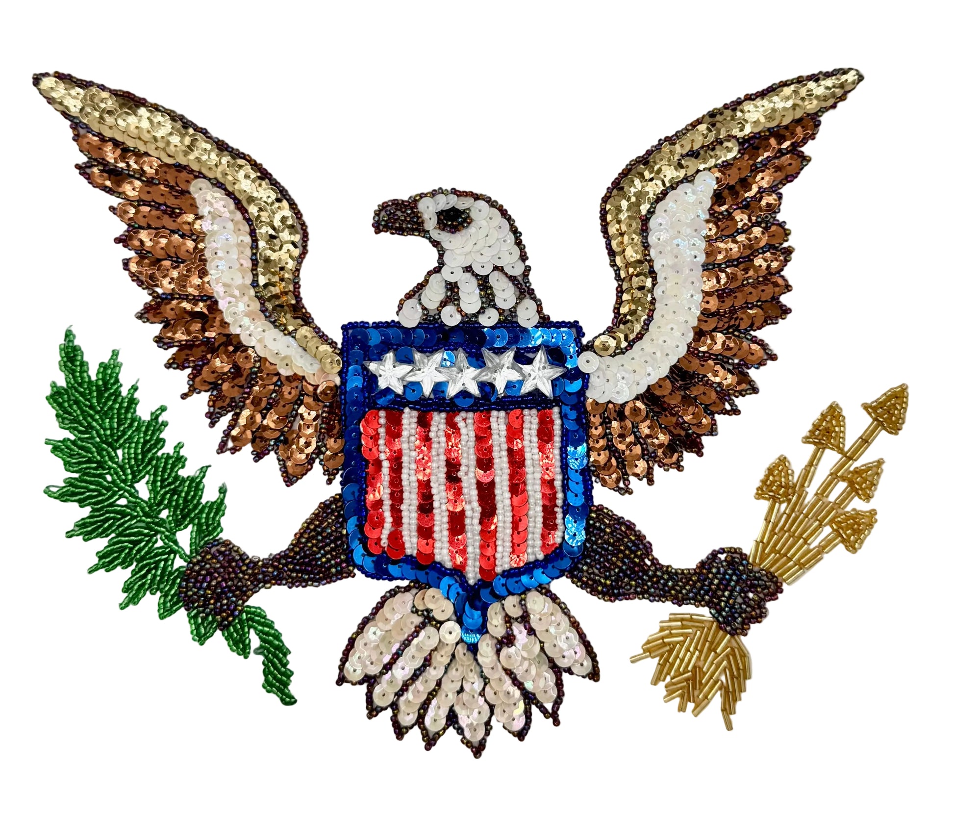 Decorative sequin patch with an eagle holding arrows and a branch, on a white background