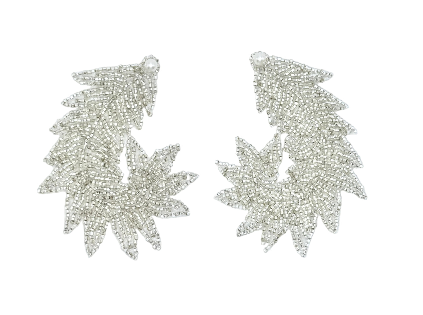 Pair of silver leaf-shaped patches on a white background