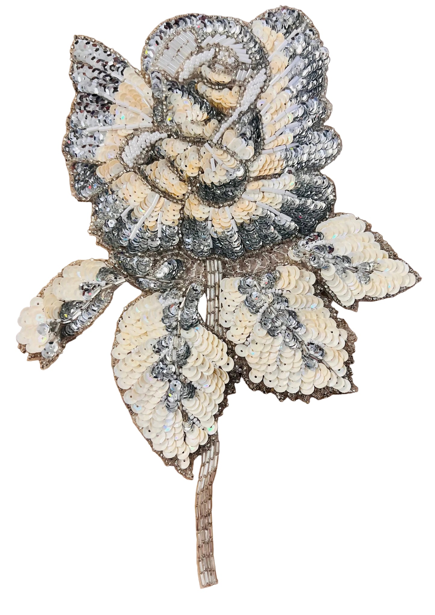 Flower with Cream, Silver and White Sequins and Beads 10.5" x 8"