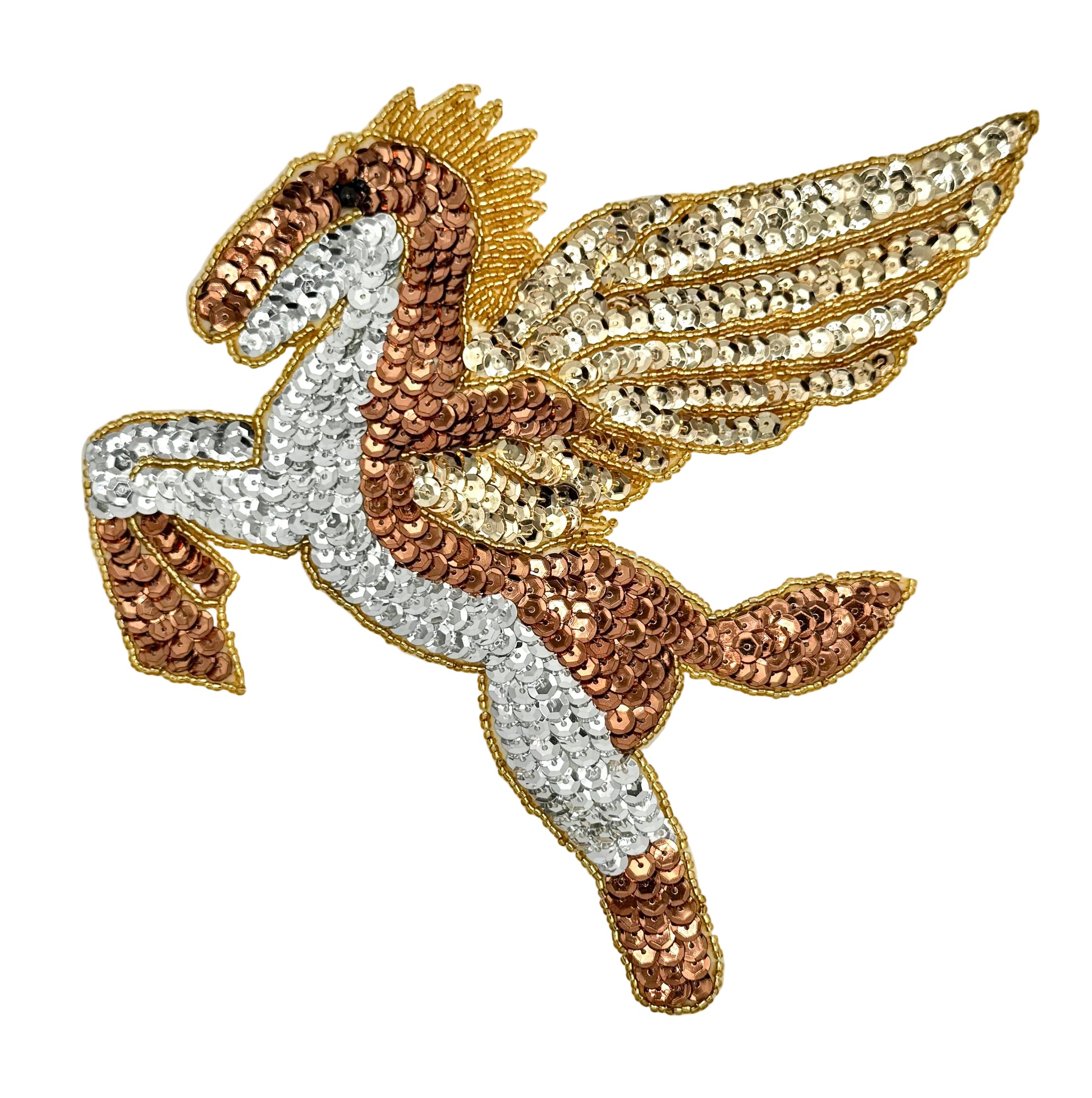 Decorative patch of a pegasus with gold, silver, and bronze sequins on a white background.