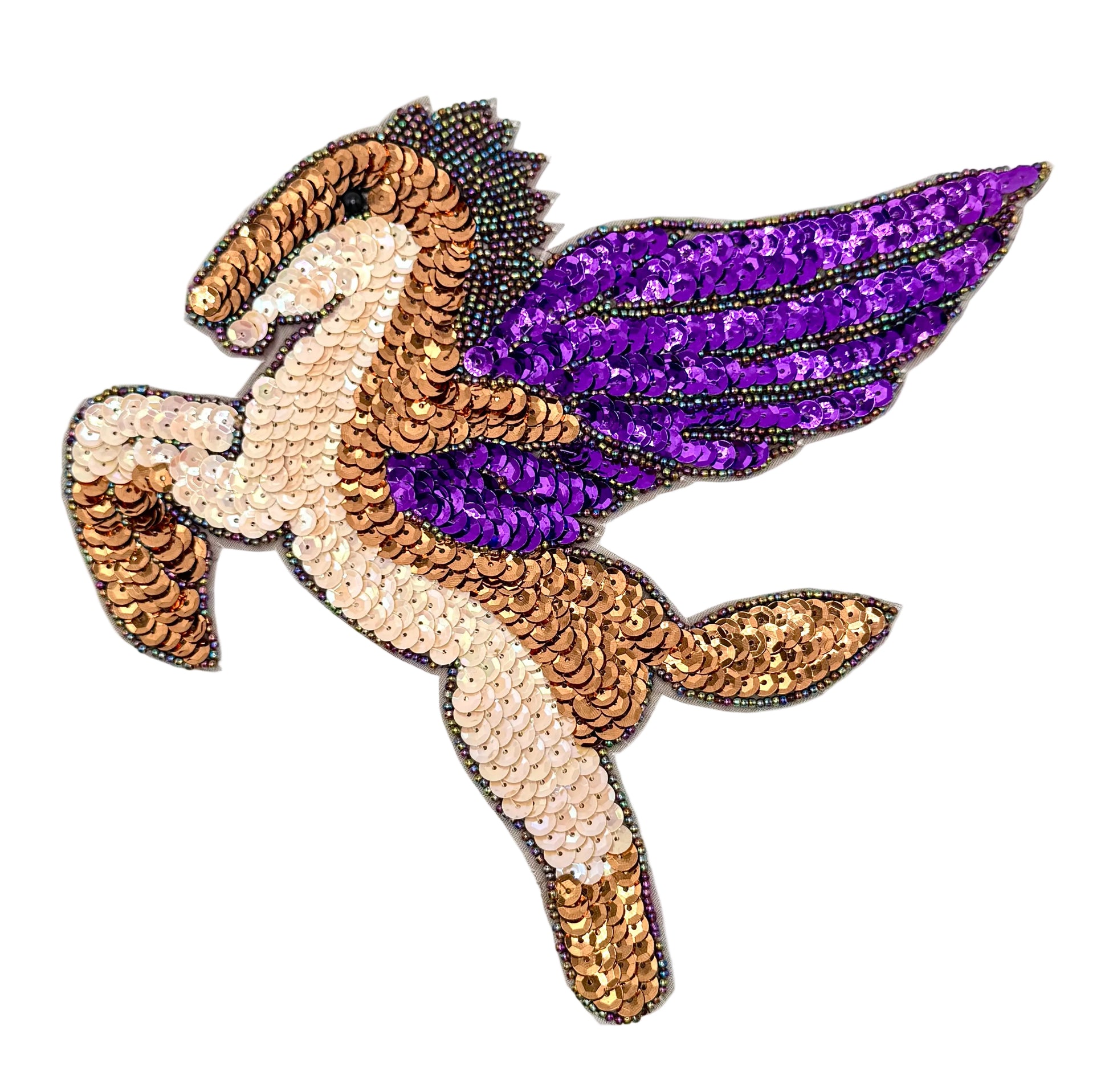 Sequined pegasus with purple wings on a white background