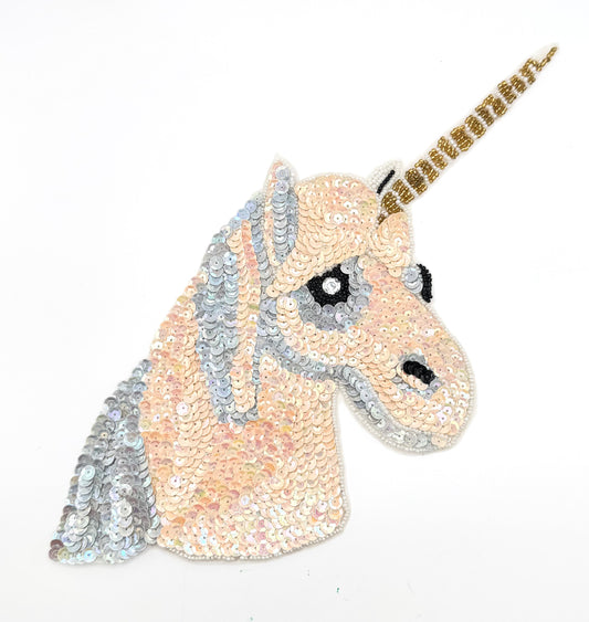 Unicorn with Beige and Gray Sequins - Rhinestone Eye 12" x 6.25"
