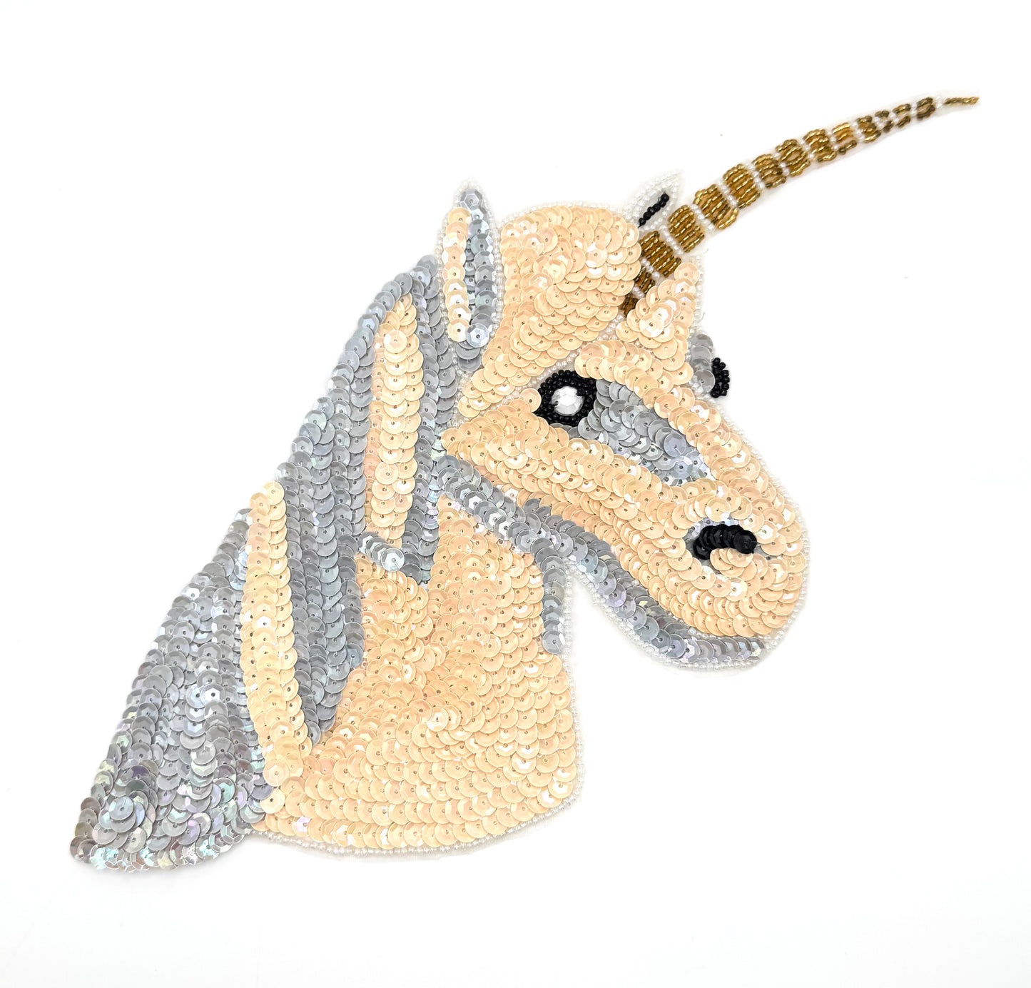 Unicorn with Beige and Gray Sequins - Rhinestone Eye 12" x 6.25"