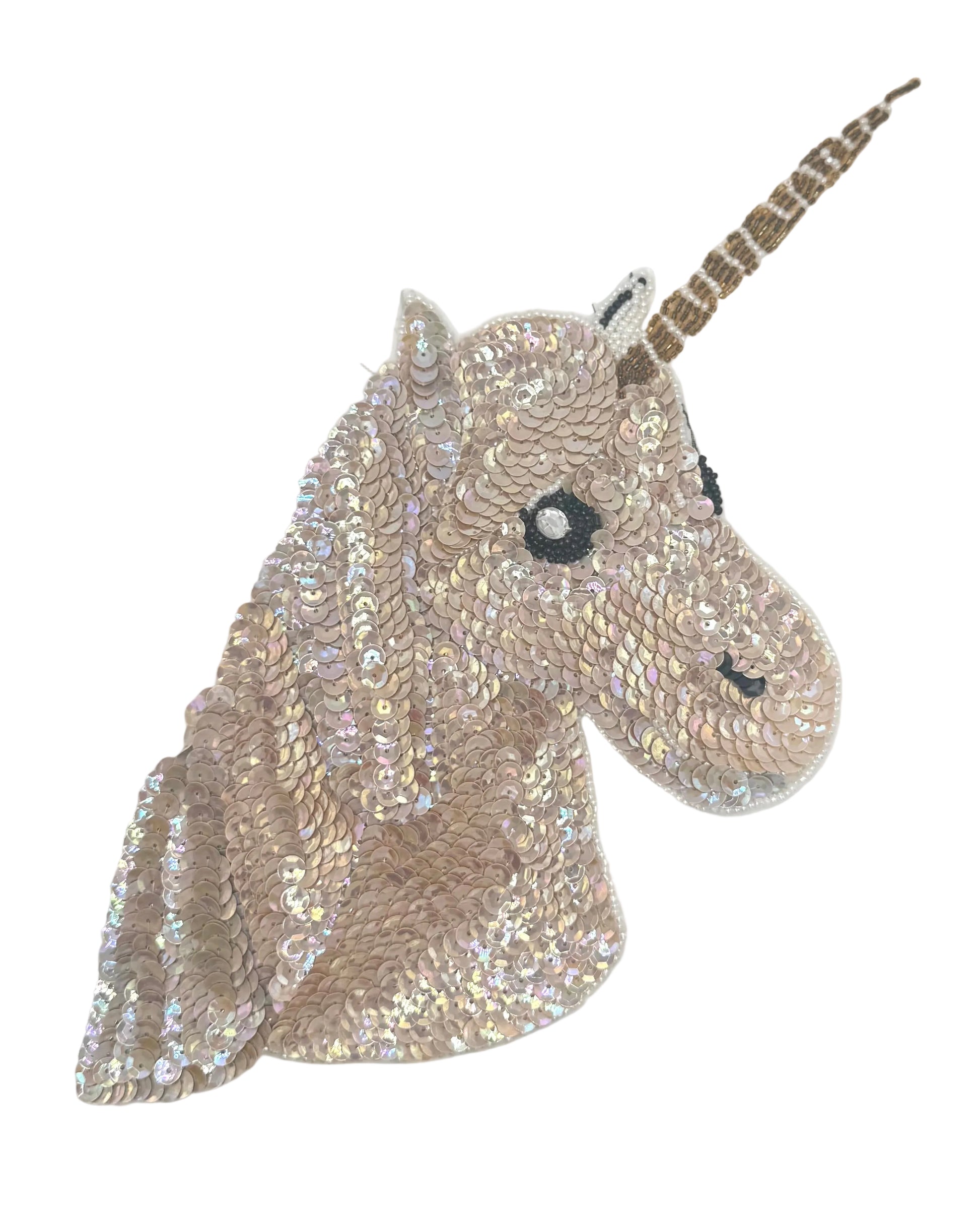 Sequined unicorn head patch on a white background