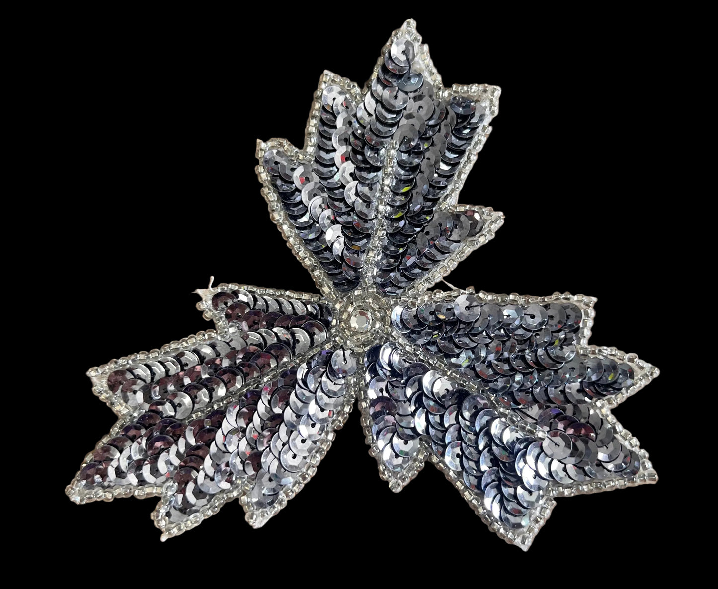 Leaf with Silver Sequins and Beads Rhinestone 5" x 4"