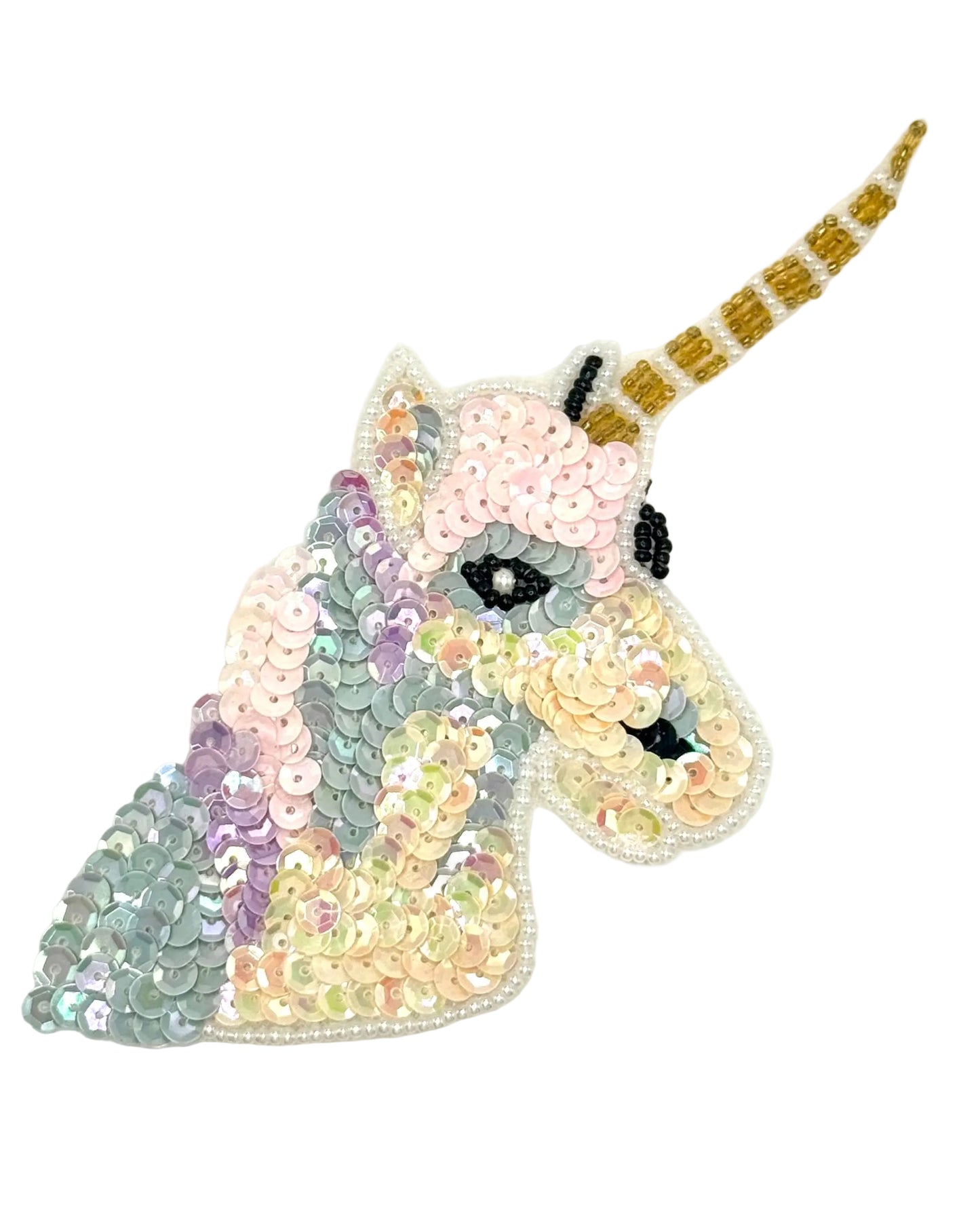 Sequined unicorn head patch with a white background