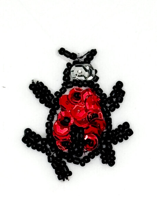 Ladybug Beetle Patch with Red and Silver Sequins and Black Beads 1.5" x 1.25"