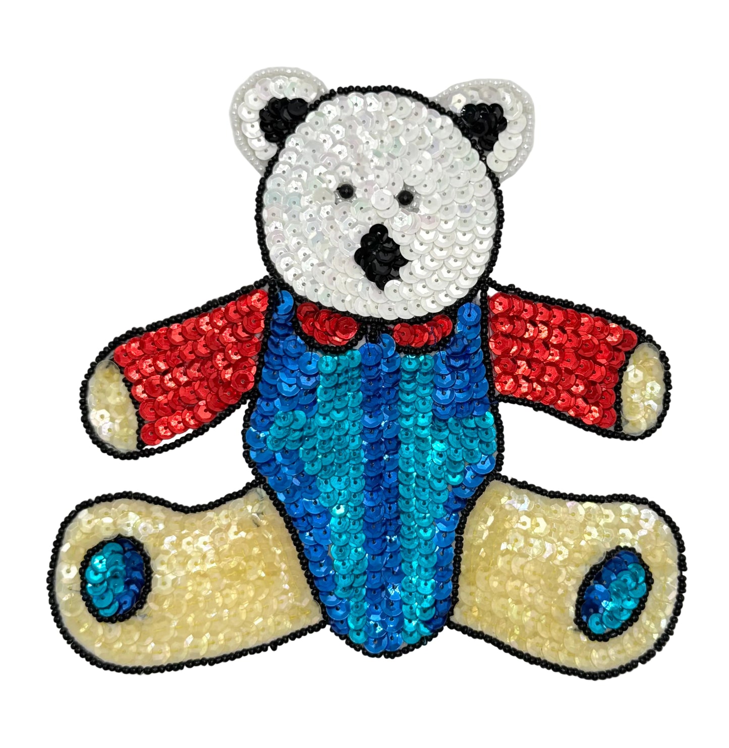 Sequined teddy bear patch with red jacket and blue body on a white background