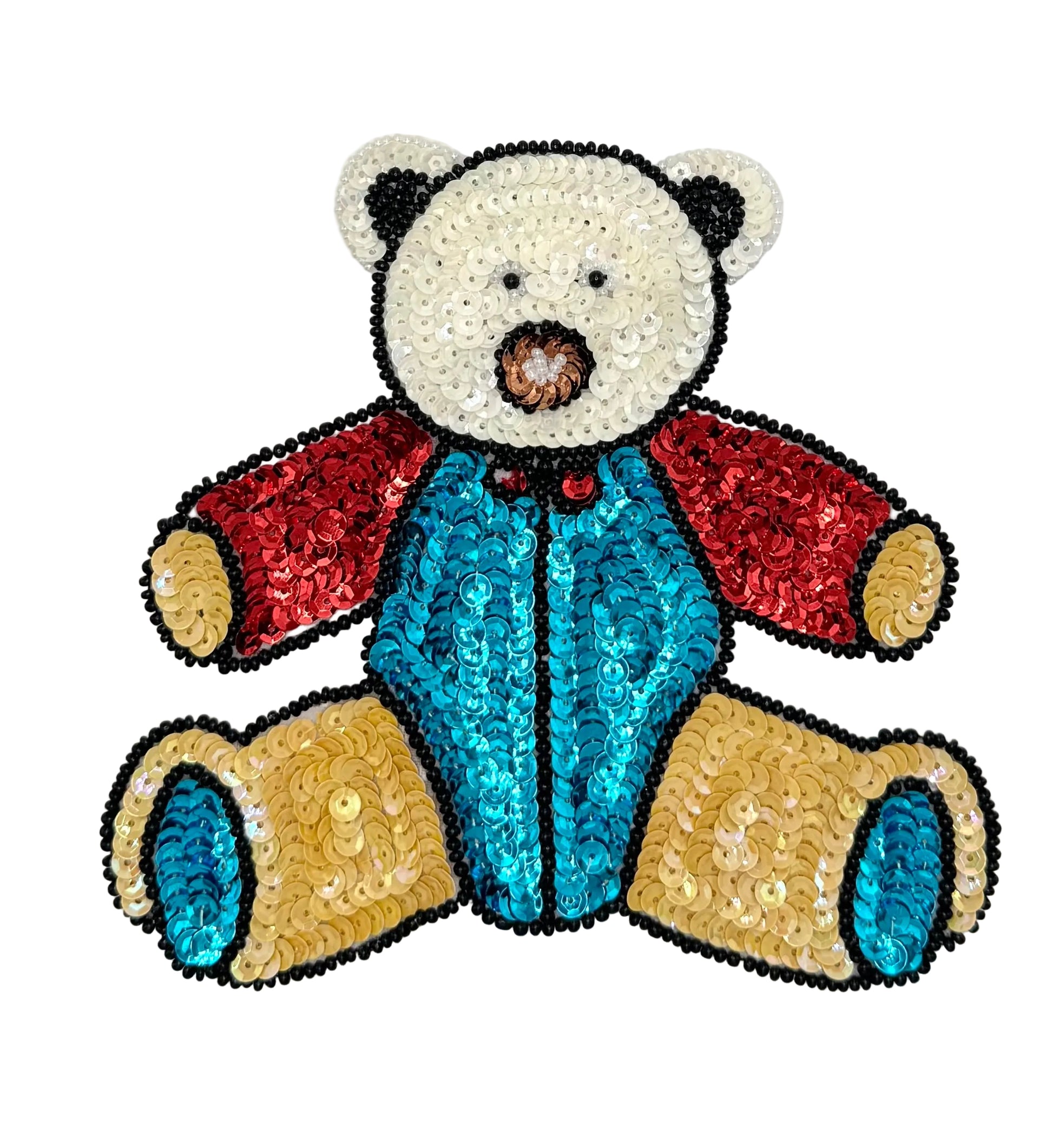 Sequined teddy bear patch with red, blue, and gold colors on a white background