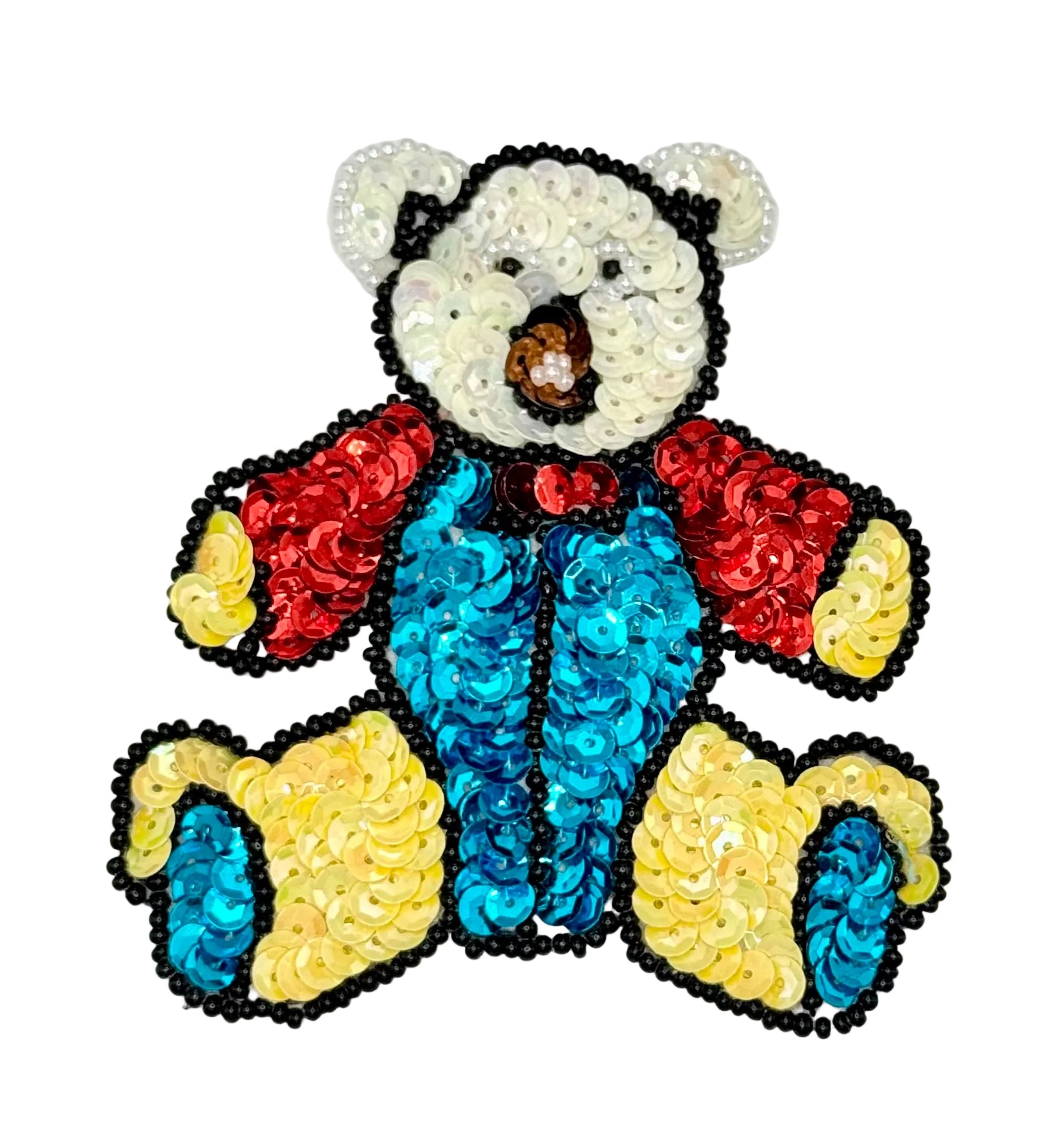 Sequined teddy bear patch on a white background