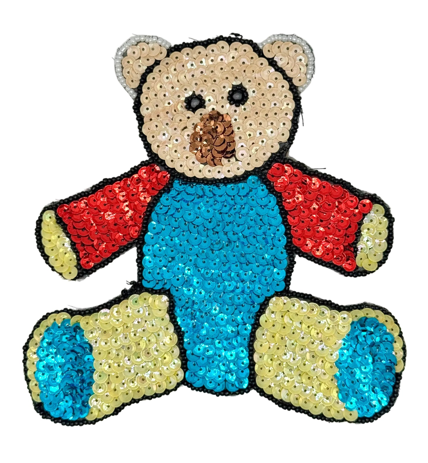 Sequined teddy bear patch with red, blue and yellow sequins on a white background
