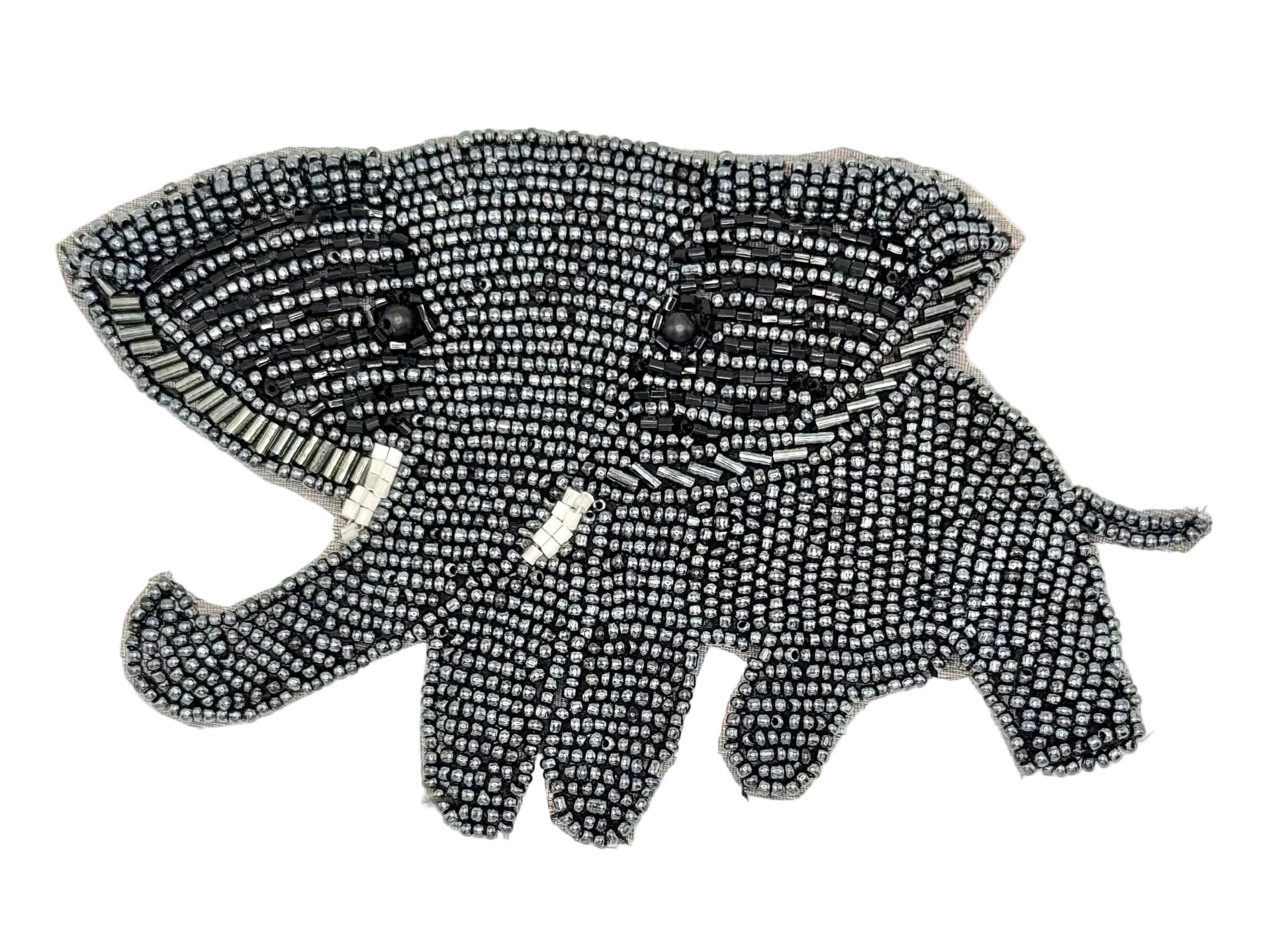 Beaded elephant design on a white background