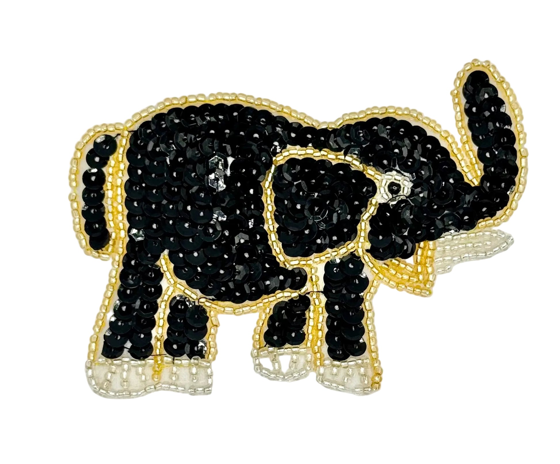 Black elephant design with gold and white accents on a white background