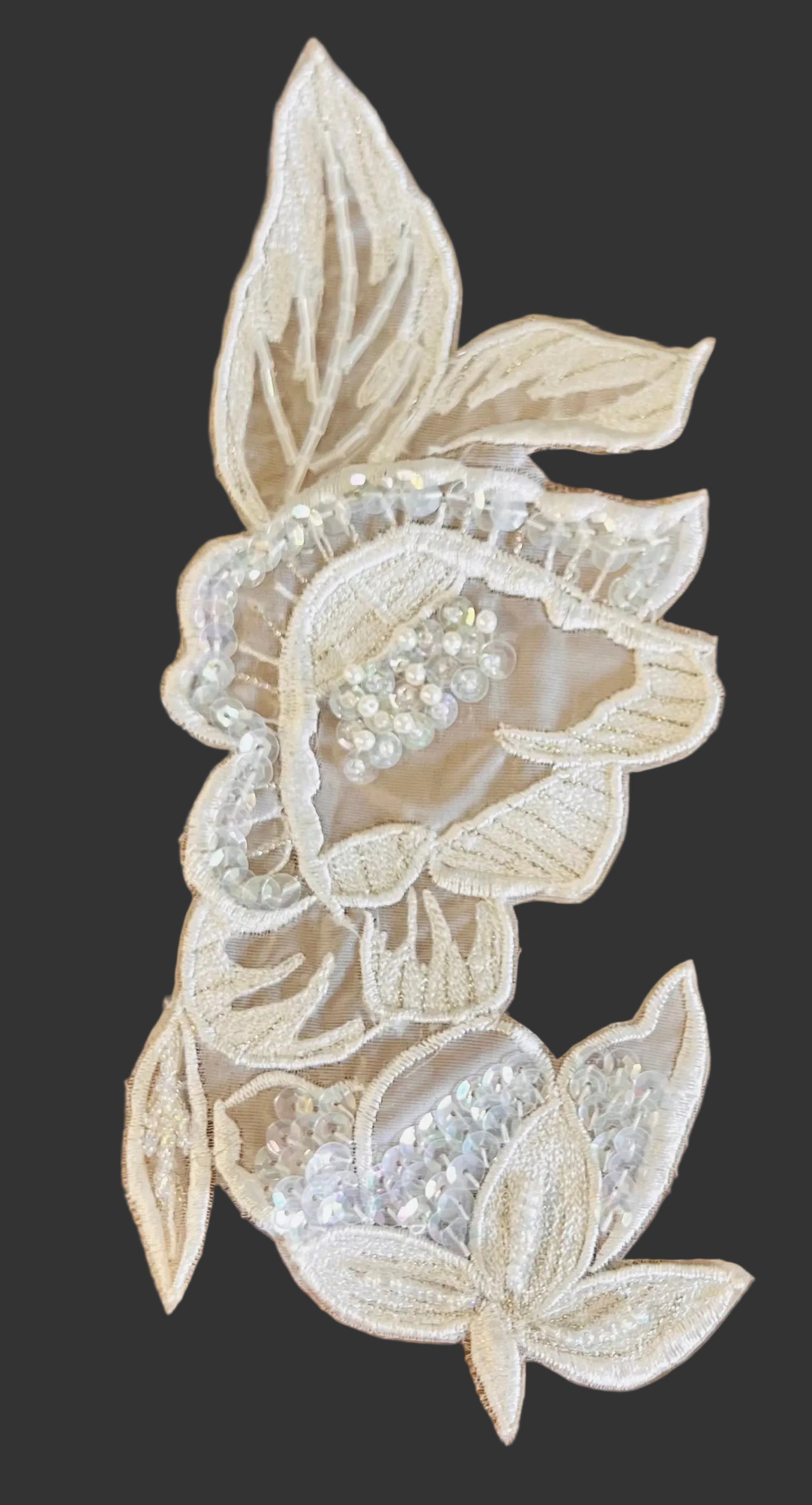 Flower with White Embroidery, Iridescent Sequins and Beads 8.5" x 3.5"