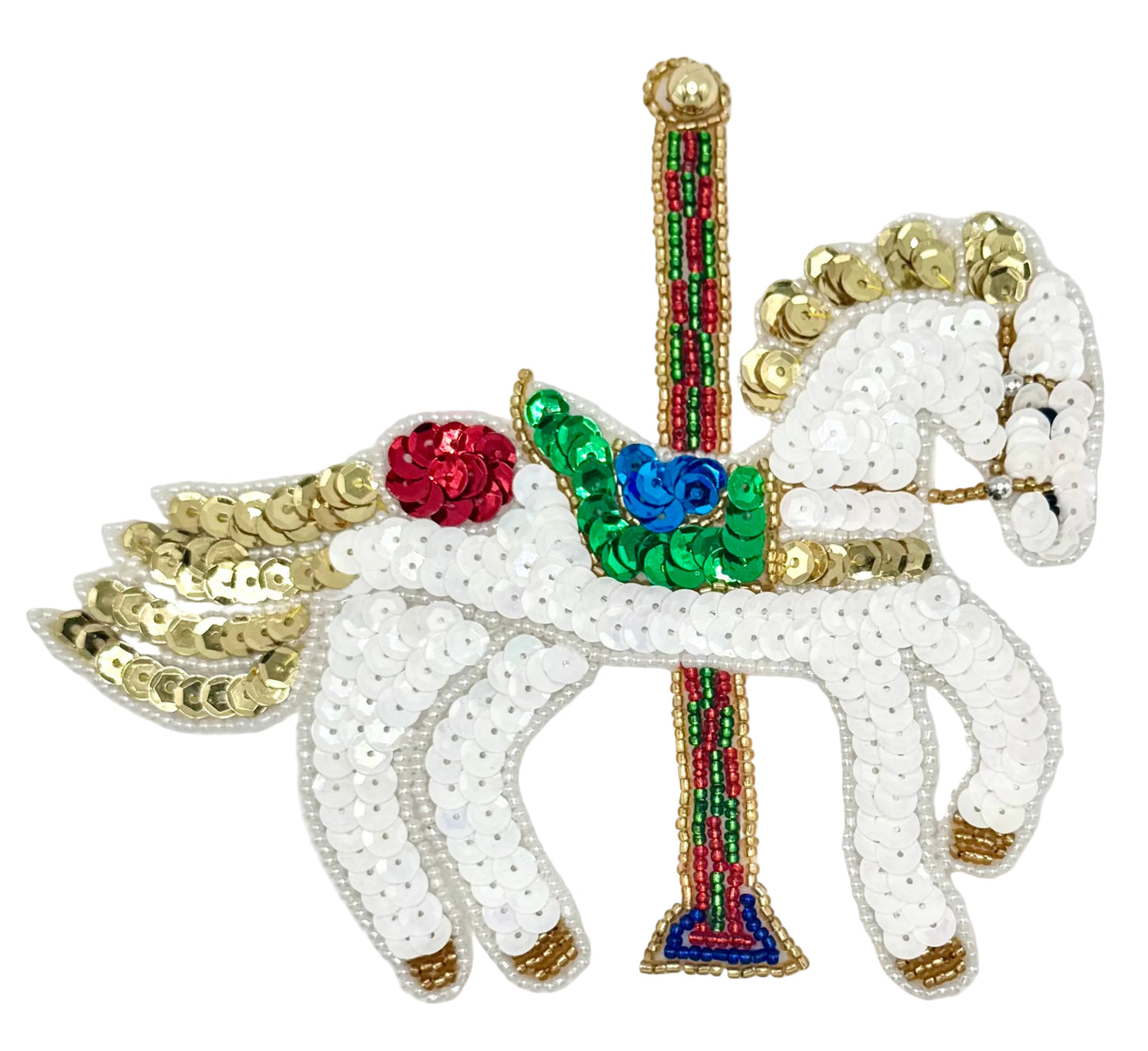 Decorative carousel horse with colorful sequins and beads on a white background