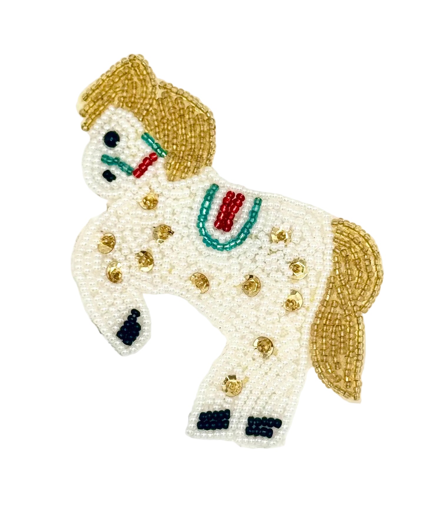 Beaded horse with gold mane on a white background