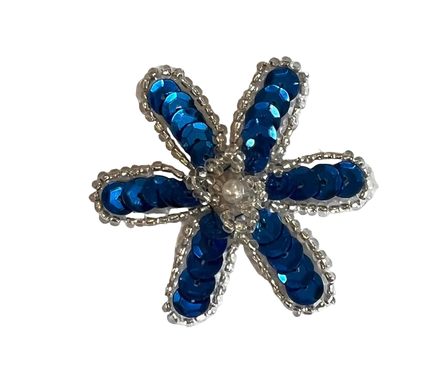 Flor de 6 hojas con lentejuelas azules y abalorios plateados de 2"