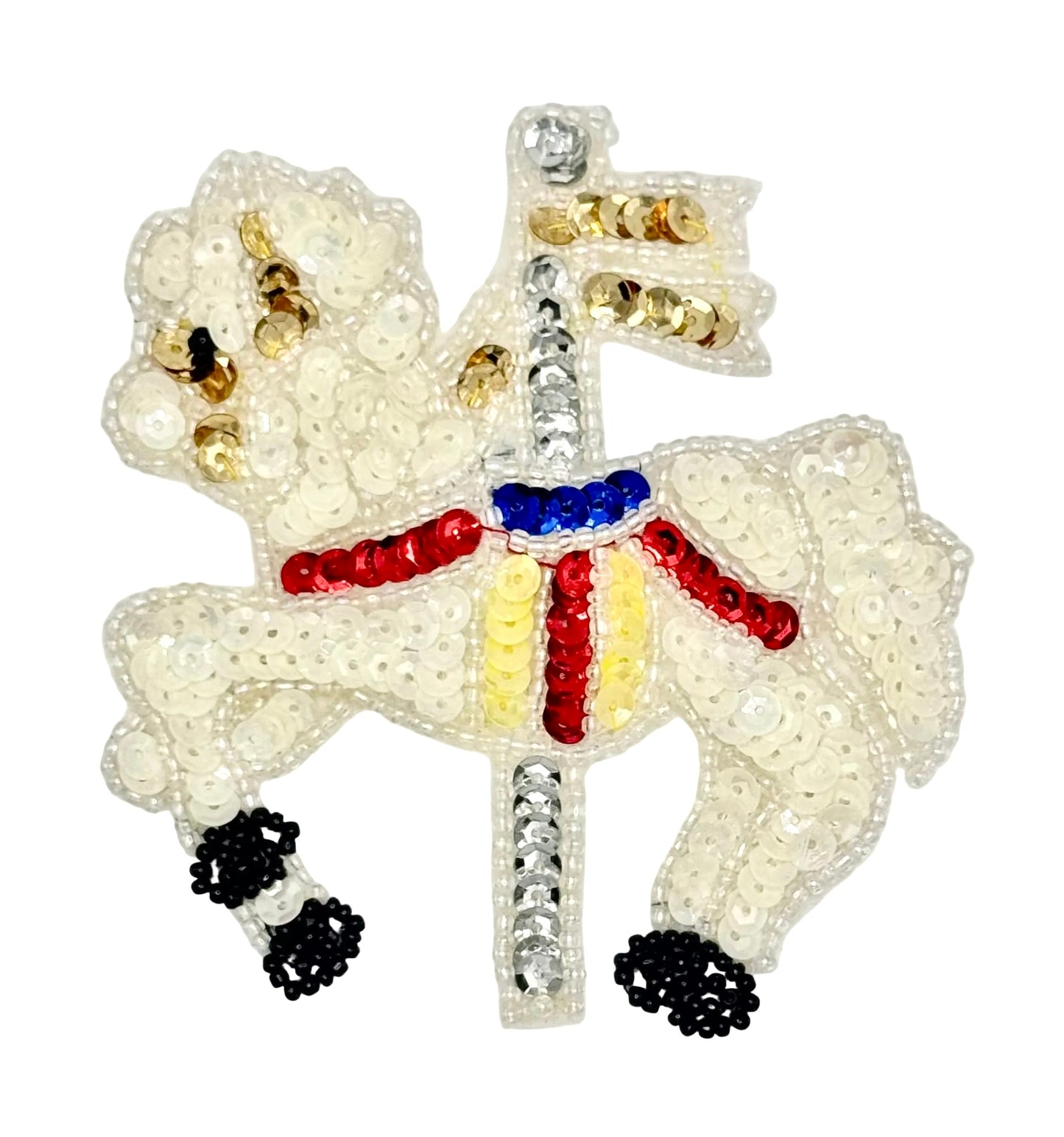 Decorative sequin carousel horse on a white background